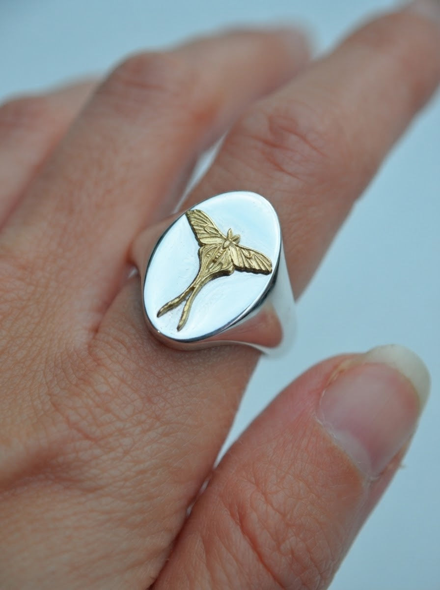 Cancer Luna Moth Signet Ring | Sterling Silver & Gold Plated