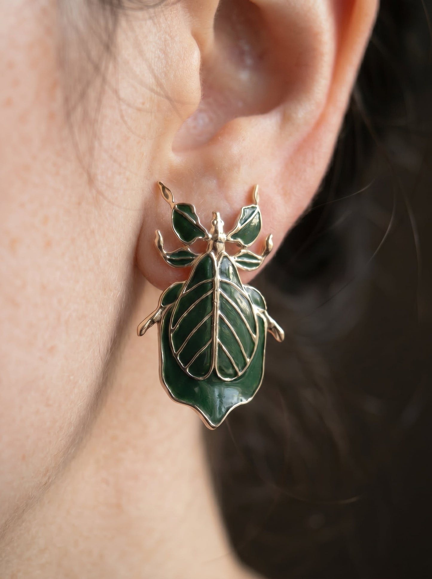 Phylliidae Leaf Insect Earrings – Gold or Silver Studs with Enamel