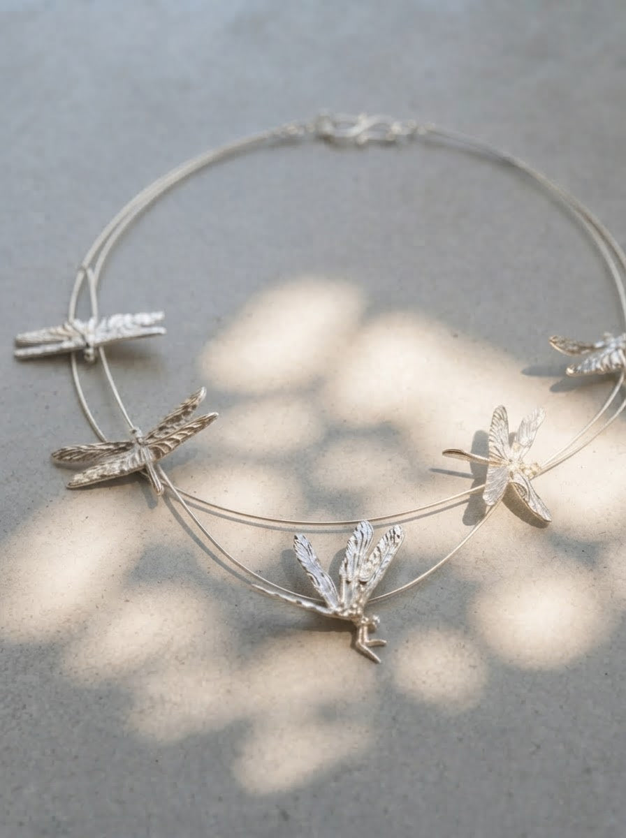 Dragonfly Flight Necklace — Sculptural Multi‑Wire Nature Jewelry in Sterling Silver or Gold