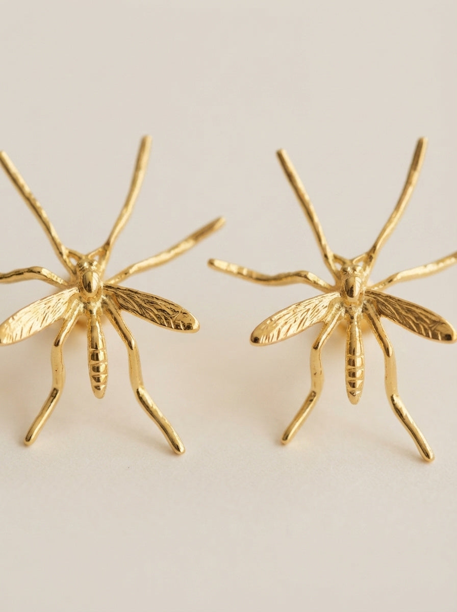 Crane Fly Stud Earrings – Sterling Silver or 14k Gold‑Plated | Sculptural Insect Jewelry