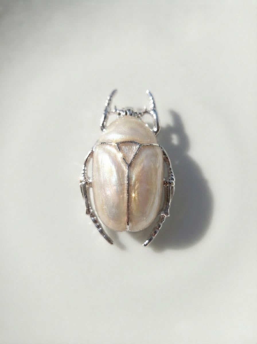 Pearl White Enamel Flower Beetle Pendant – Insect Necklace, Nature Inspired Jewelry