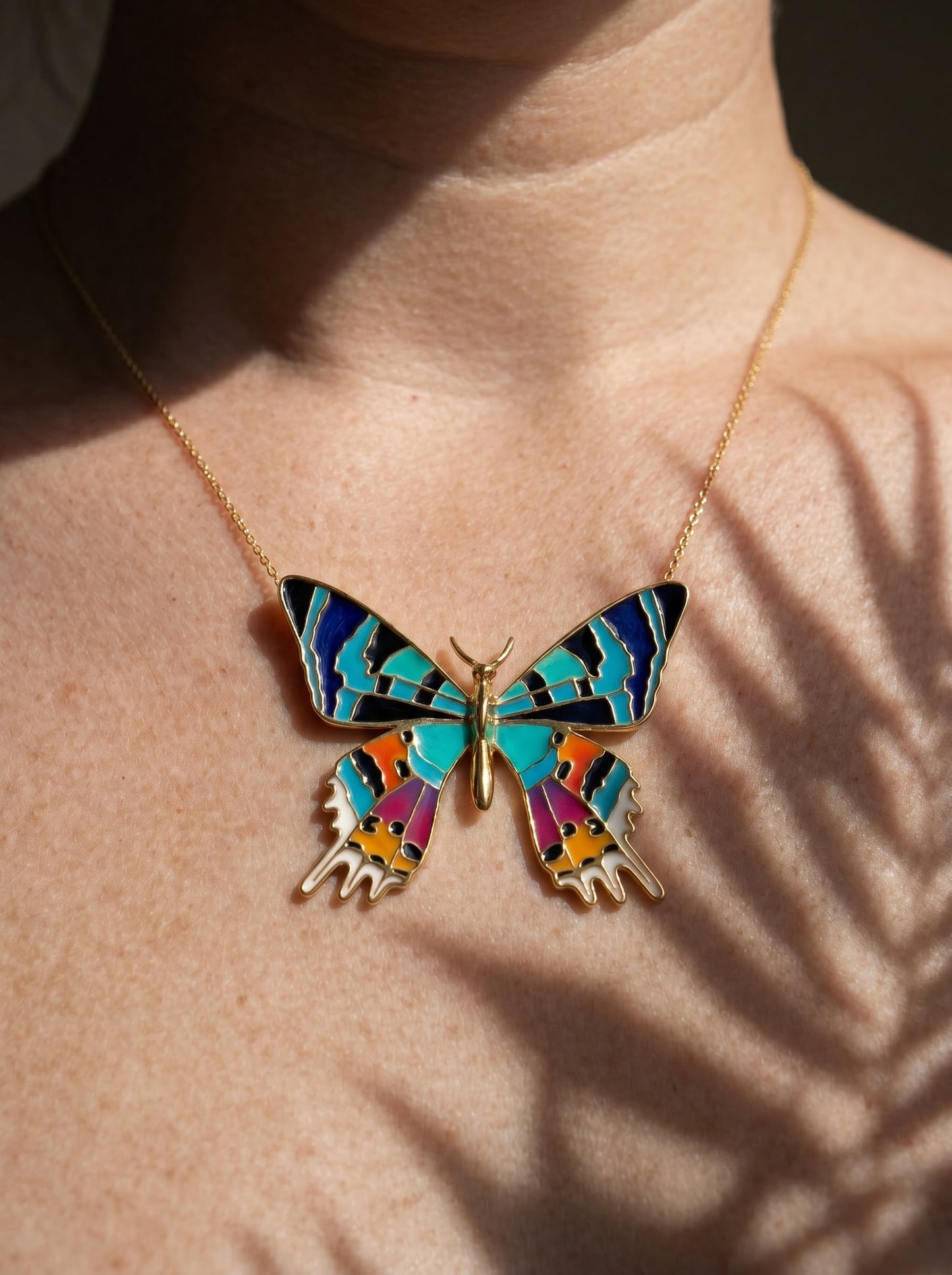 Madagascar Sunset Moth Necklace — Hand‑Enameled in 14k Gold Plated or Sterling Silver