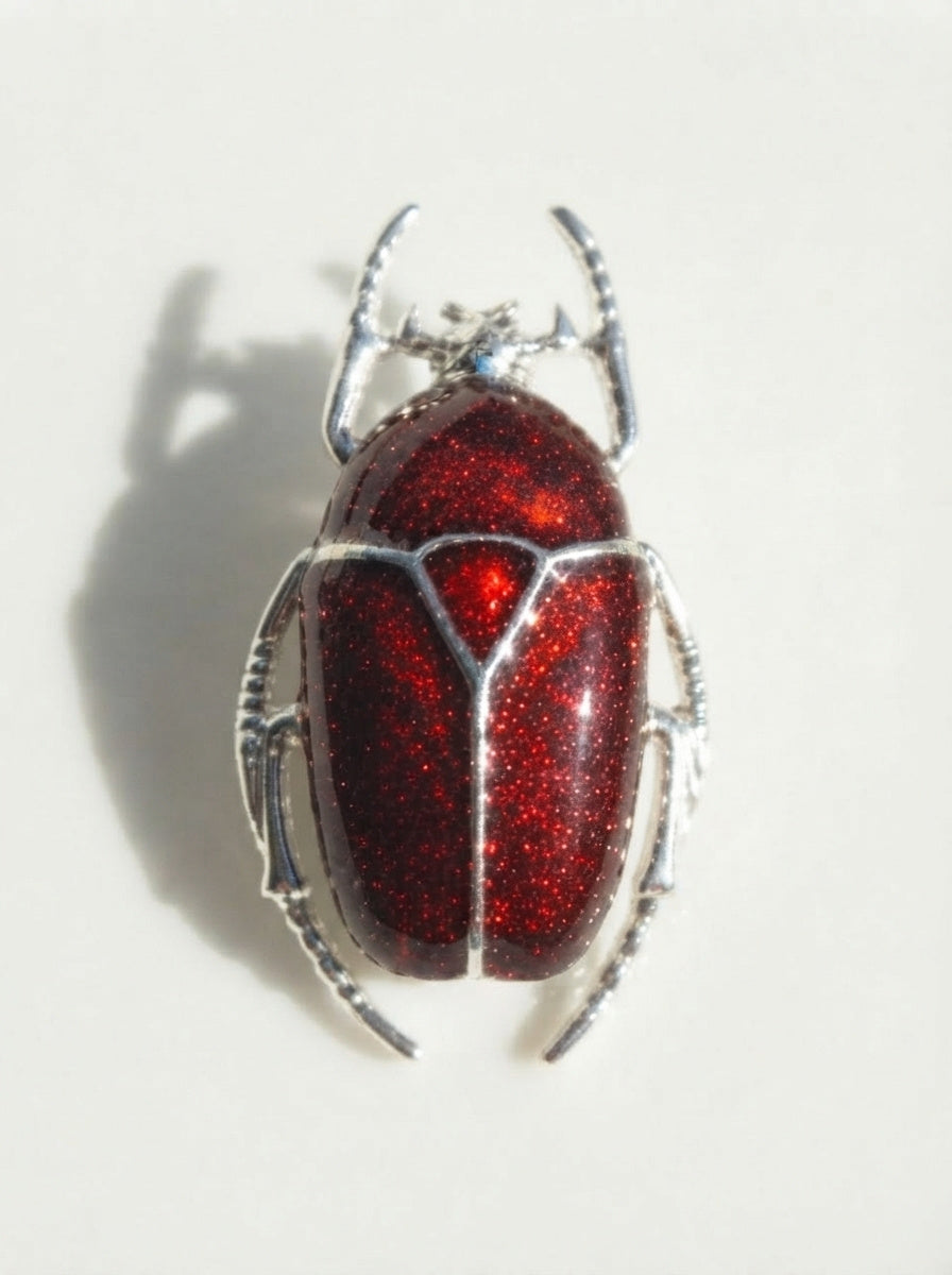 Dark Red Enamel Flower Beetle Pendant – Insect Necklace, Nature Inspired Jewelry