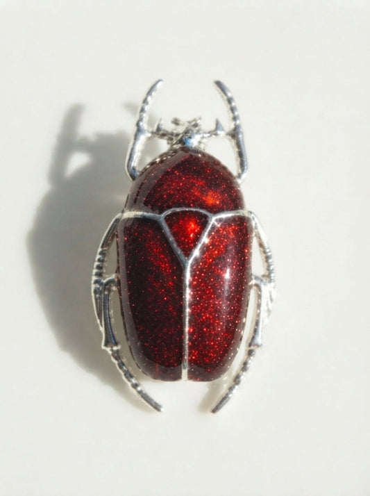 Dark Red Enamel Flower Beetle Pendant – Insect Necklace, Nature Inspired Jewelry
