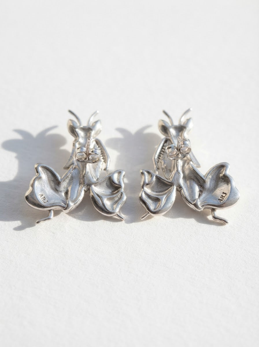 Pink Enamel Orchid Mantis Stud Earrings – Nature Inspired Insect Jewelry