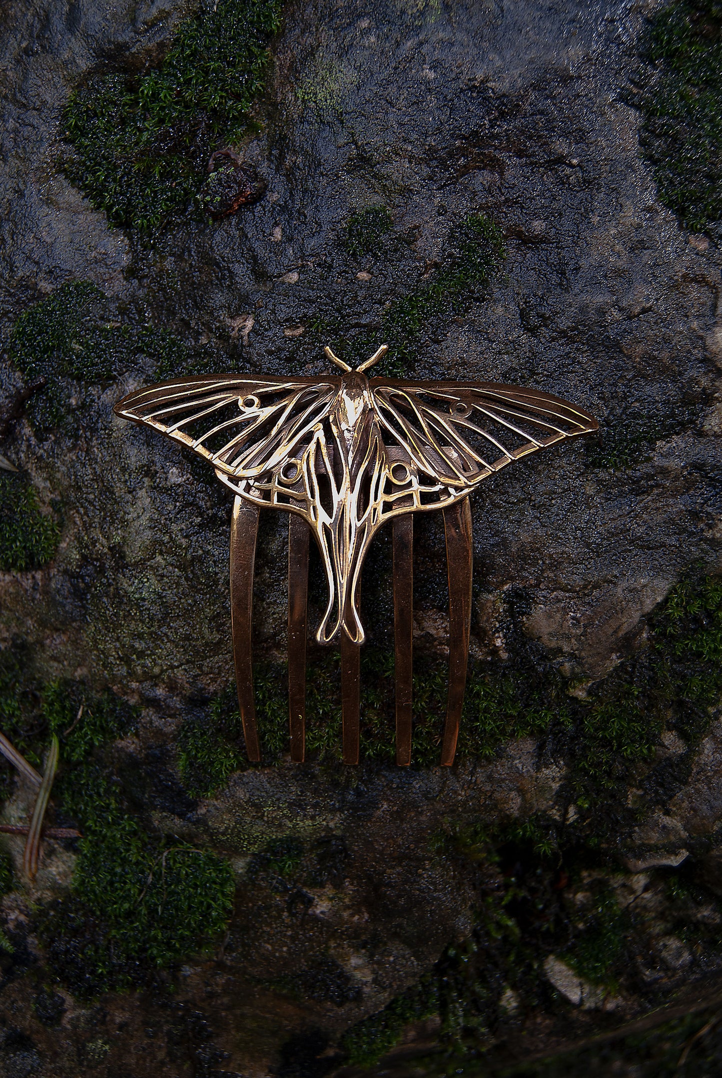Polished bronze Luna Moth hair comb with intricate wing cutouts, handcrafted insect-inspired hair accessory displayed on a neutral background.
