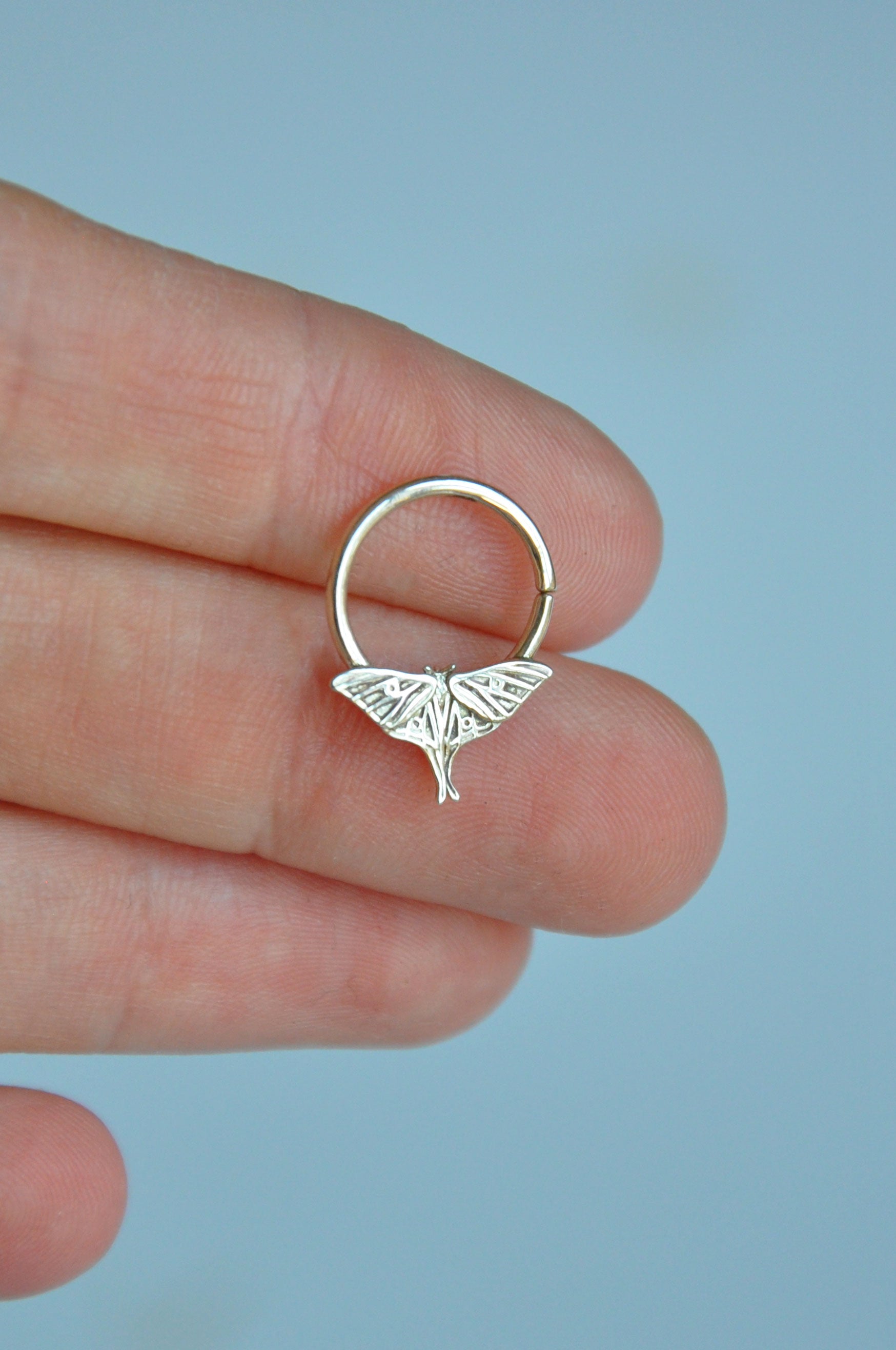 Minimalist sterling silver luna moth septum ring showcasing elegant insect-inspired craftsmanship