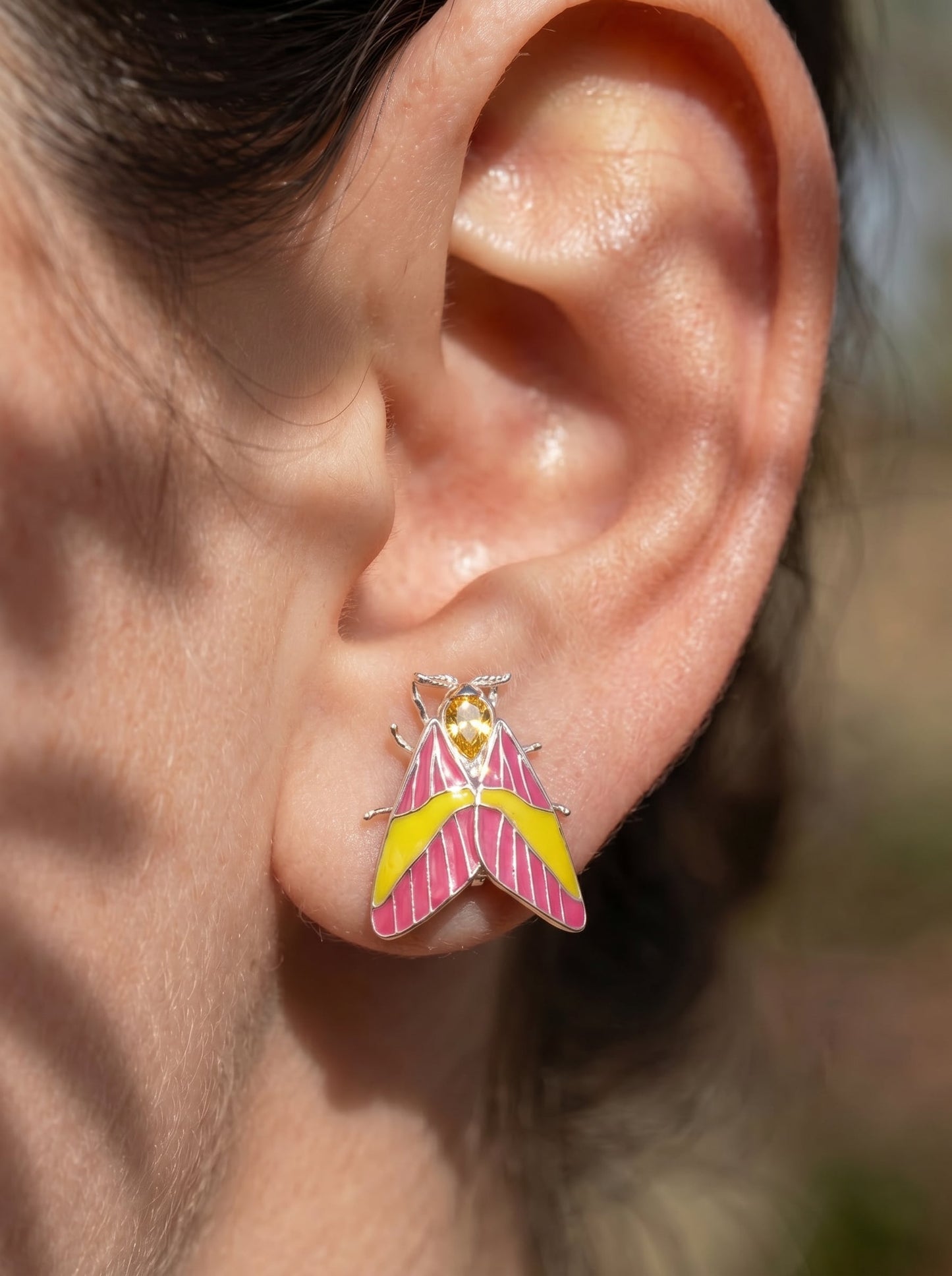 Rosy Maple Moth Earrings – Enamel Wings, Gemstone Eyes & Yellow Crystal Accent