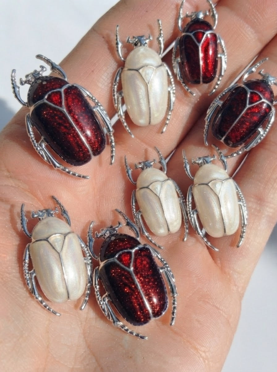 Dark Red Enamel Flower Beetle Pendant – Insect Necklace, Nature Inspired Jewelry