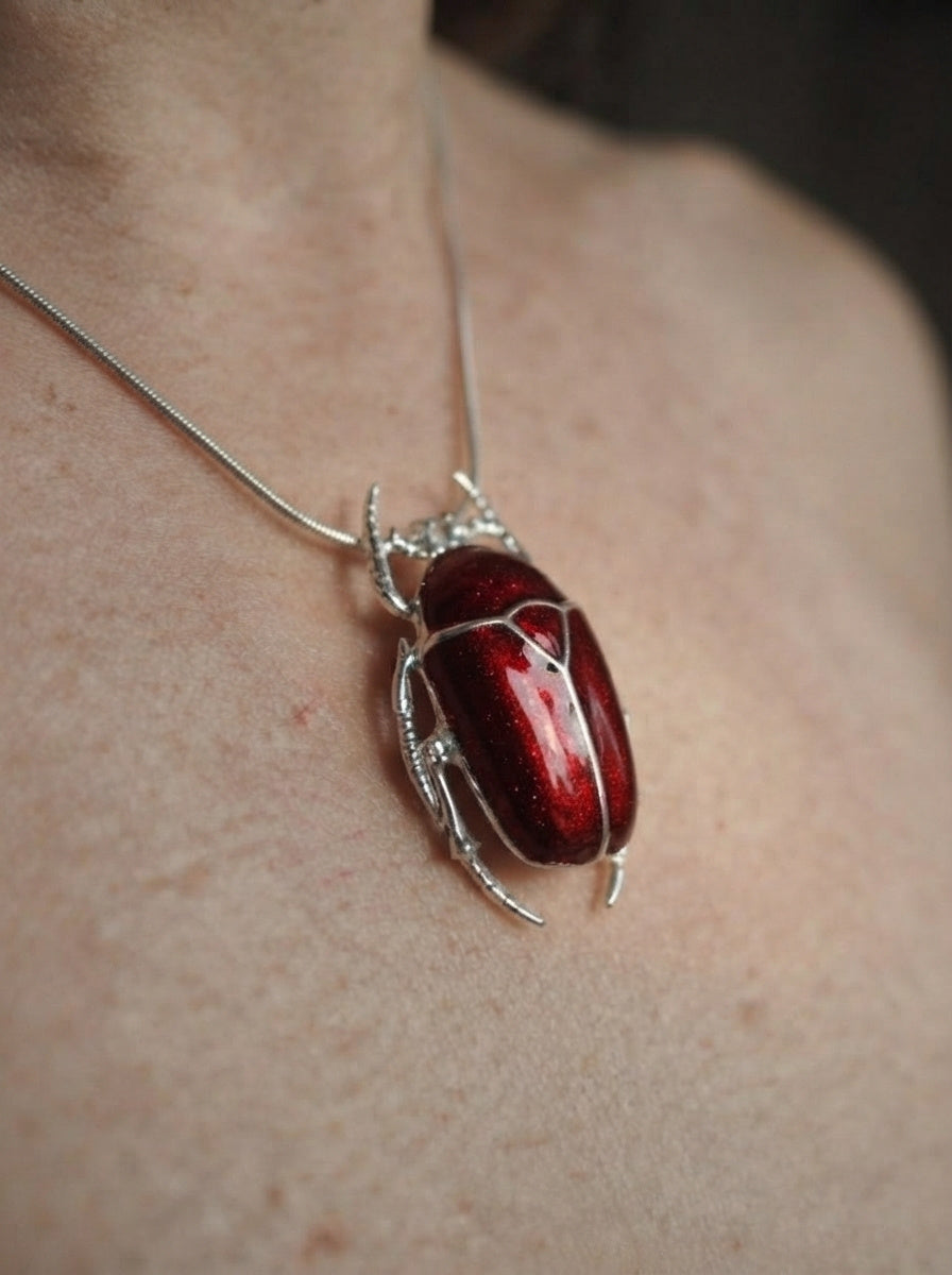 Dark Red Enamel Flower Beetle Pendant – Insect Necklace, Nature Inspired Jewelry