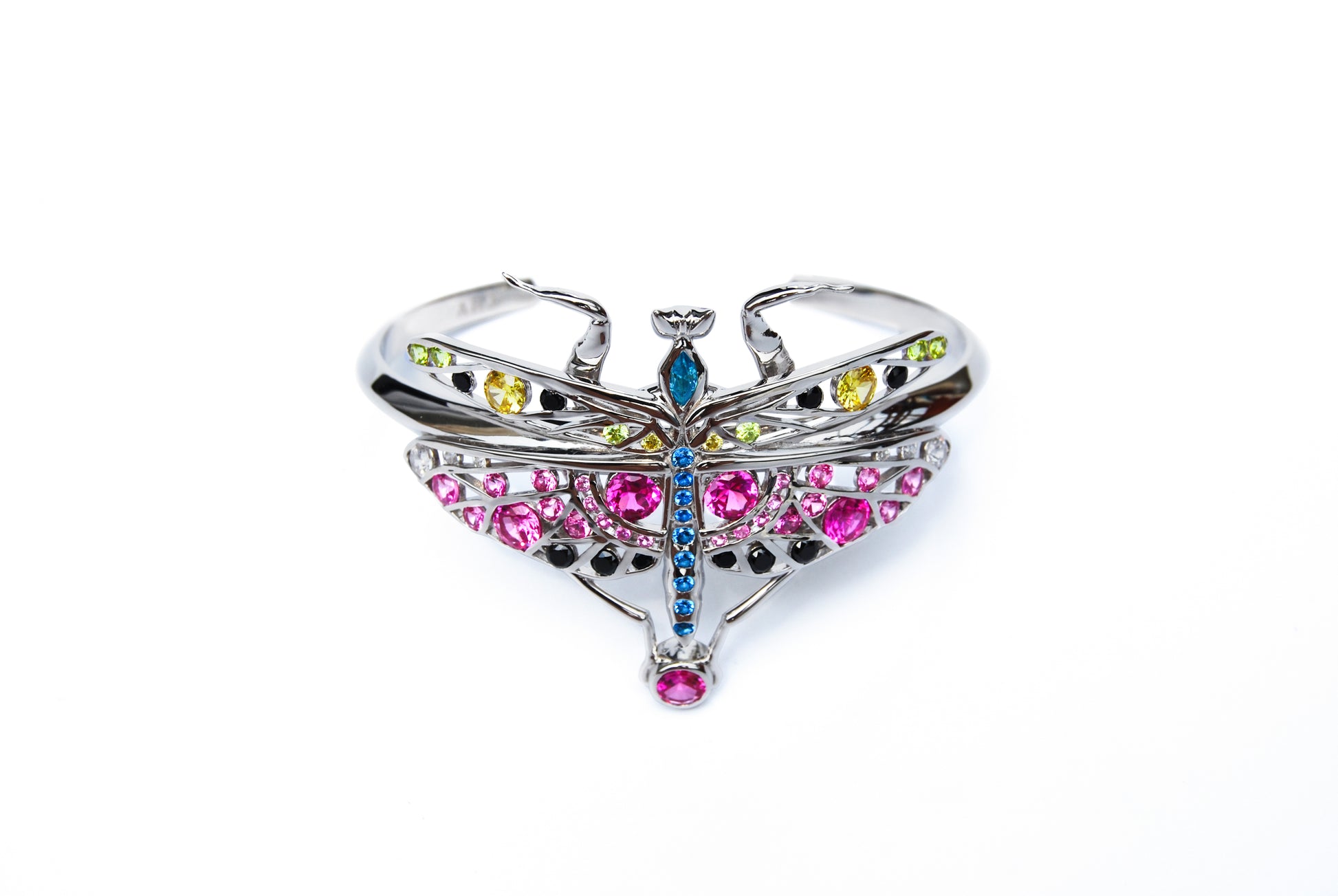 Top-down view of enamel and zirconia mantis bracelet in sterling silver displayed flat on white background