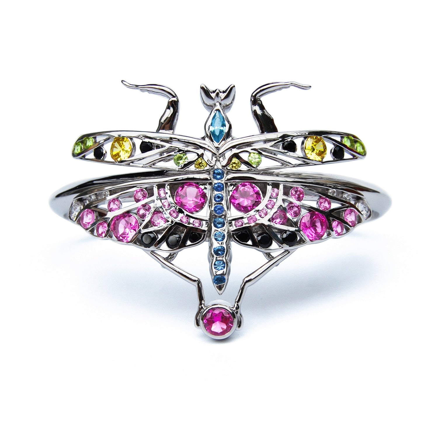 Sterling silver Indian praying mantis bracelet with colorful enamel and zirconia stones, displayed on a white background