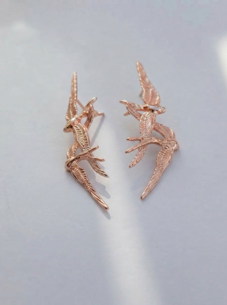Swallow Flight Stud Earrings – Sterling Silver & Rose Gold