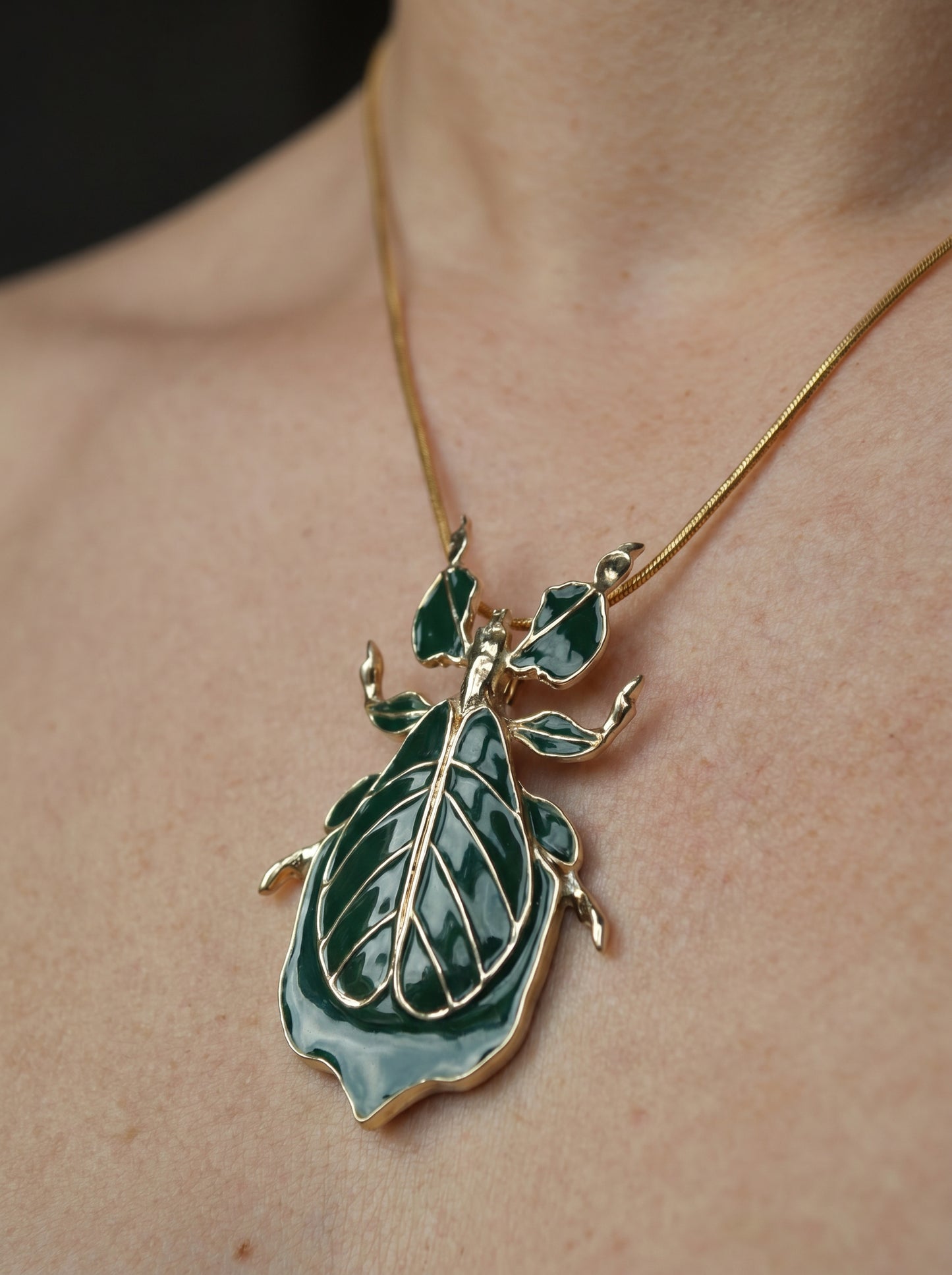 Phylliidae Leaf Insect Pendant – 14k Gold Plated or Sterling Silver Walking Leaf Jewelry
