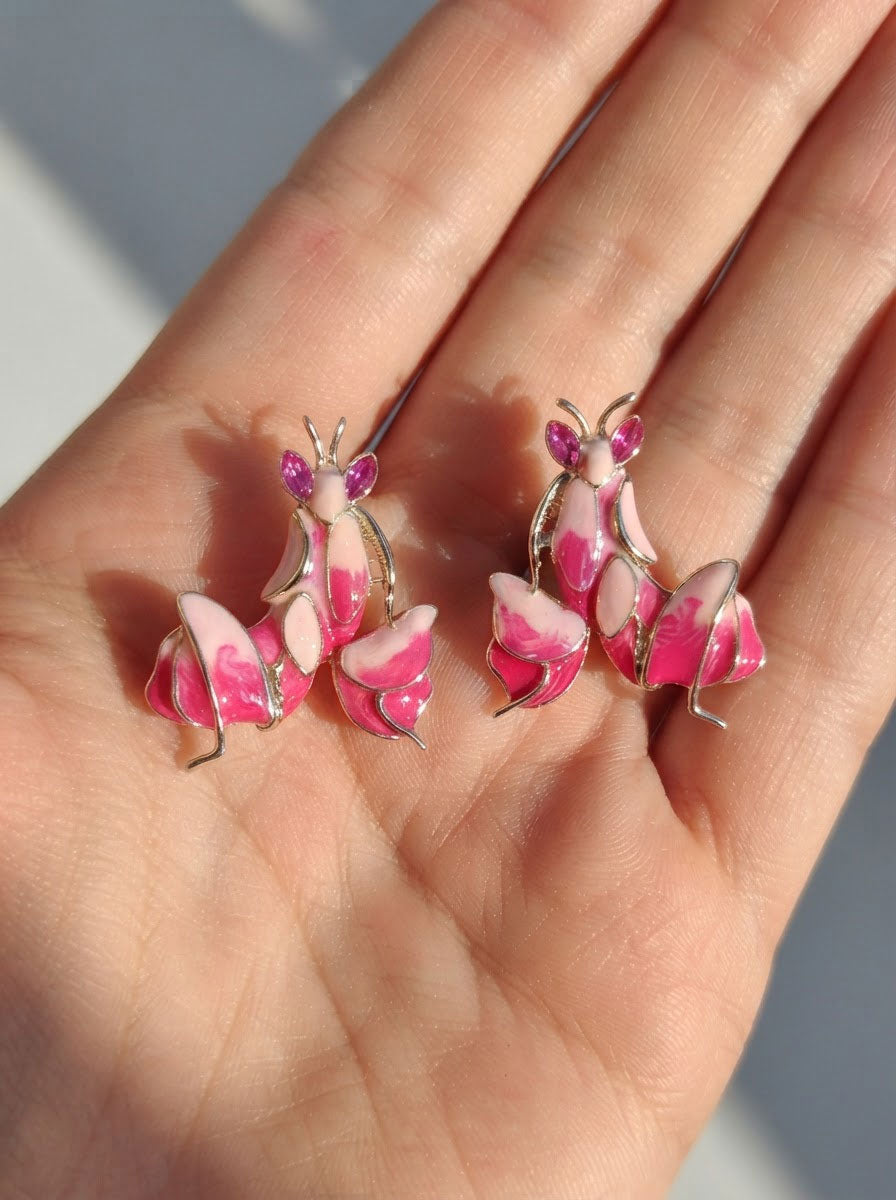 Pink Enamel Orchid Mantis Stud Earrings – Nature Inspired Insect Jewelry