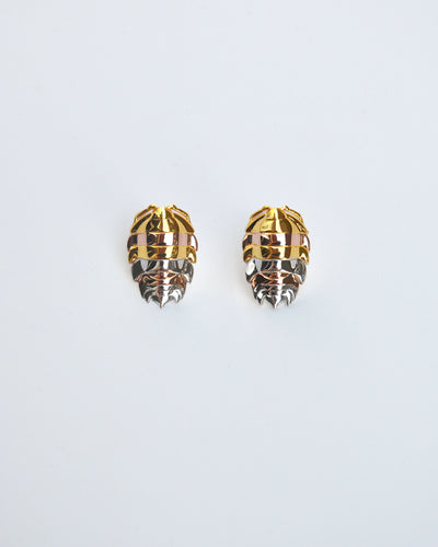 Unique mixed metal rainbow isopod earrings combining silver and 14k gold plated finishes, inspired by bug jewelry trends