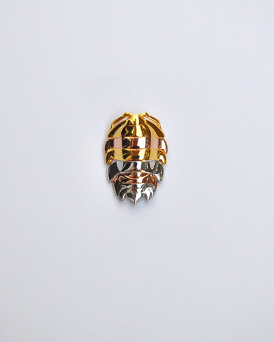 Unique mixed metal rainbow isopod pendant crafted with sterling silver and 14k gold plating, inspired by bug and insect jewelry