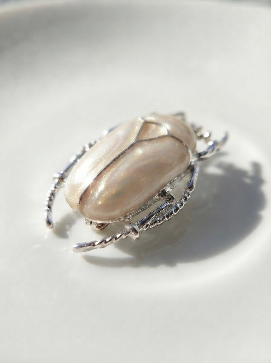 Pearl White Enamel Flower Beetle Pendant – Insect Necklace, Nature Inspired Jewelry