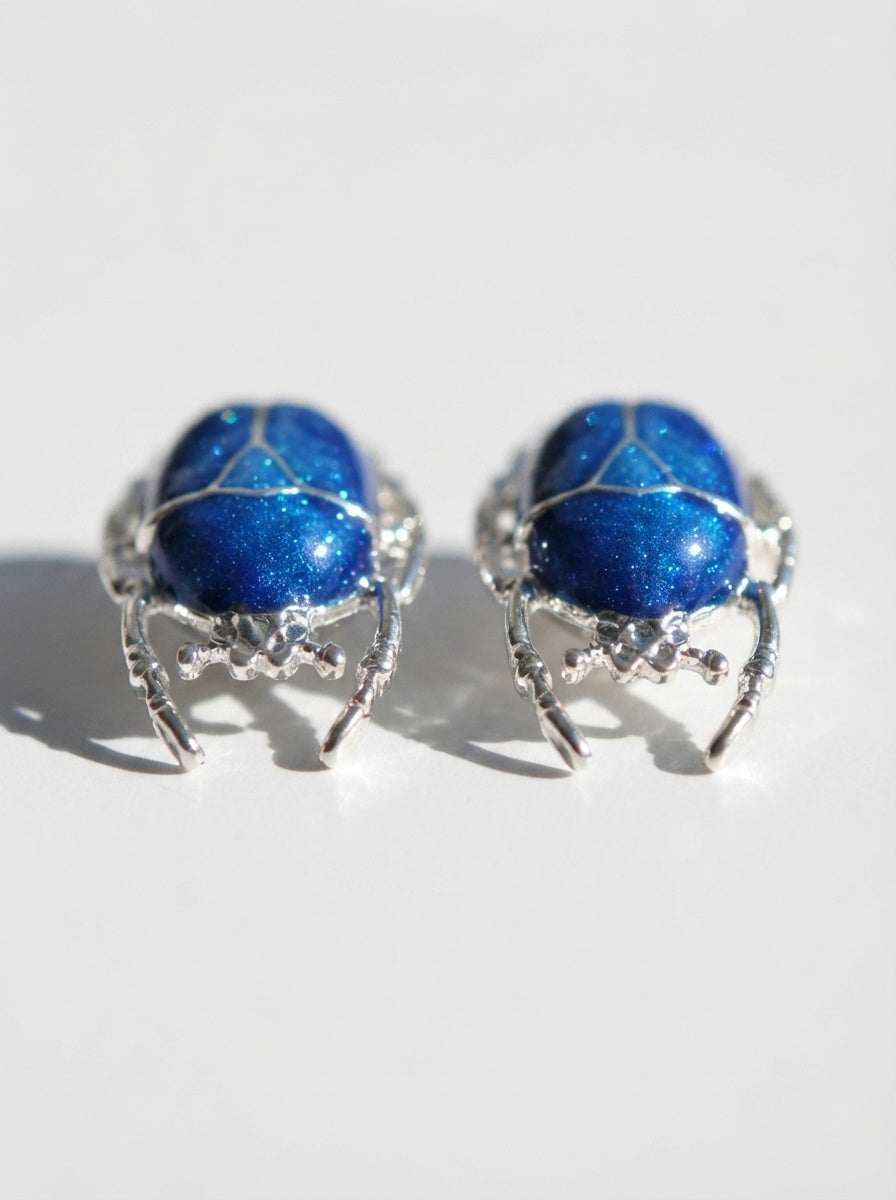 Blue Enamel Flower Beetle Stud Earrings – Sculptural Insect Jewelry