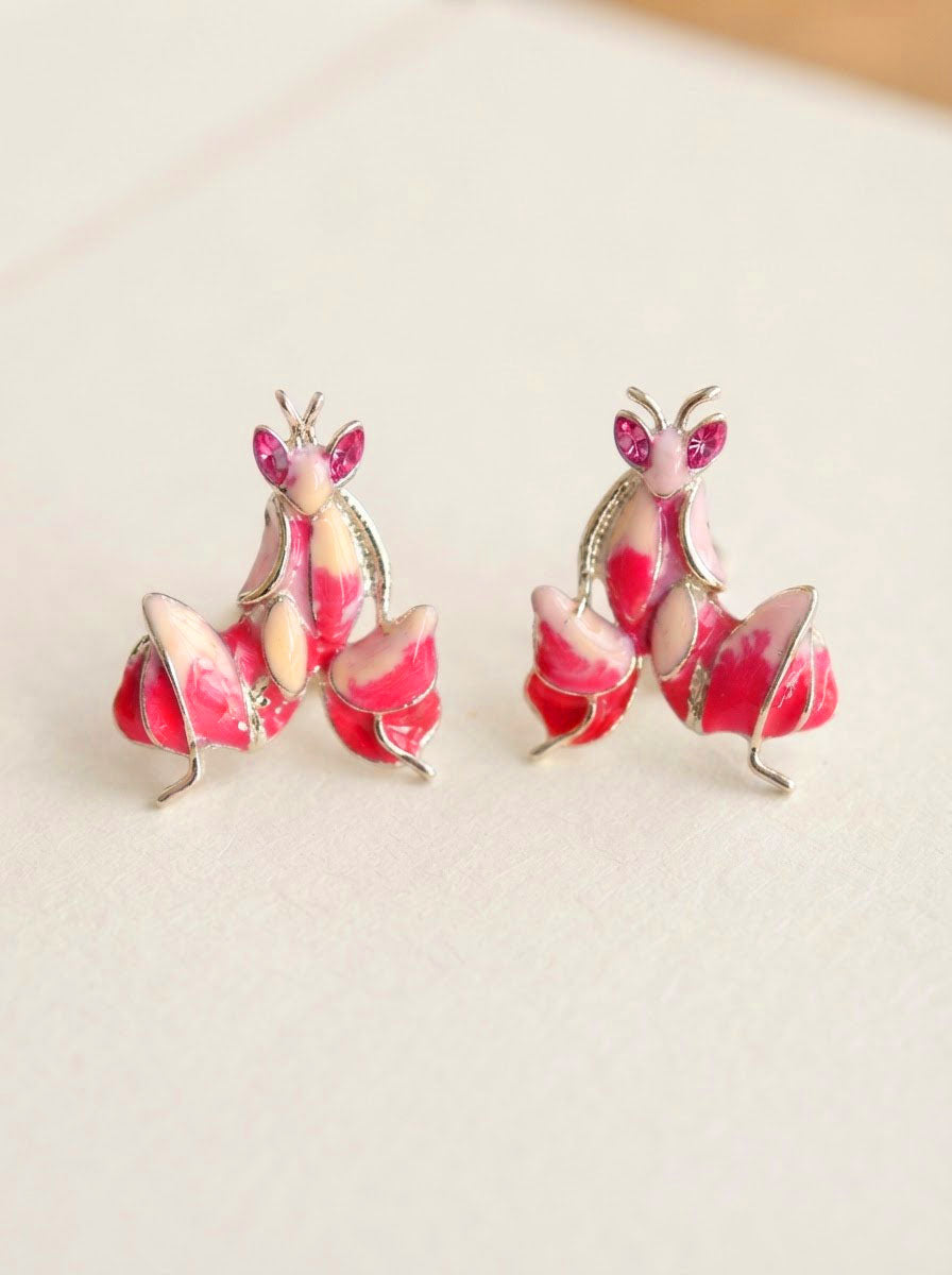 Pink Enamel Orchid Mantis Stud Earrings – Nature Inspired Insect Jewelry