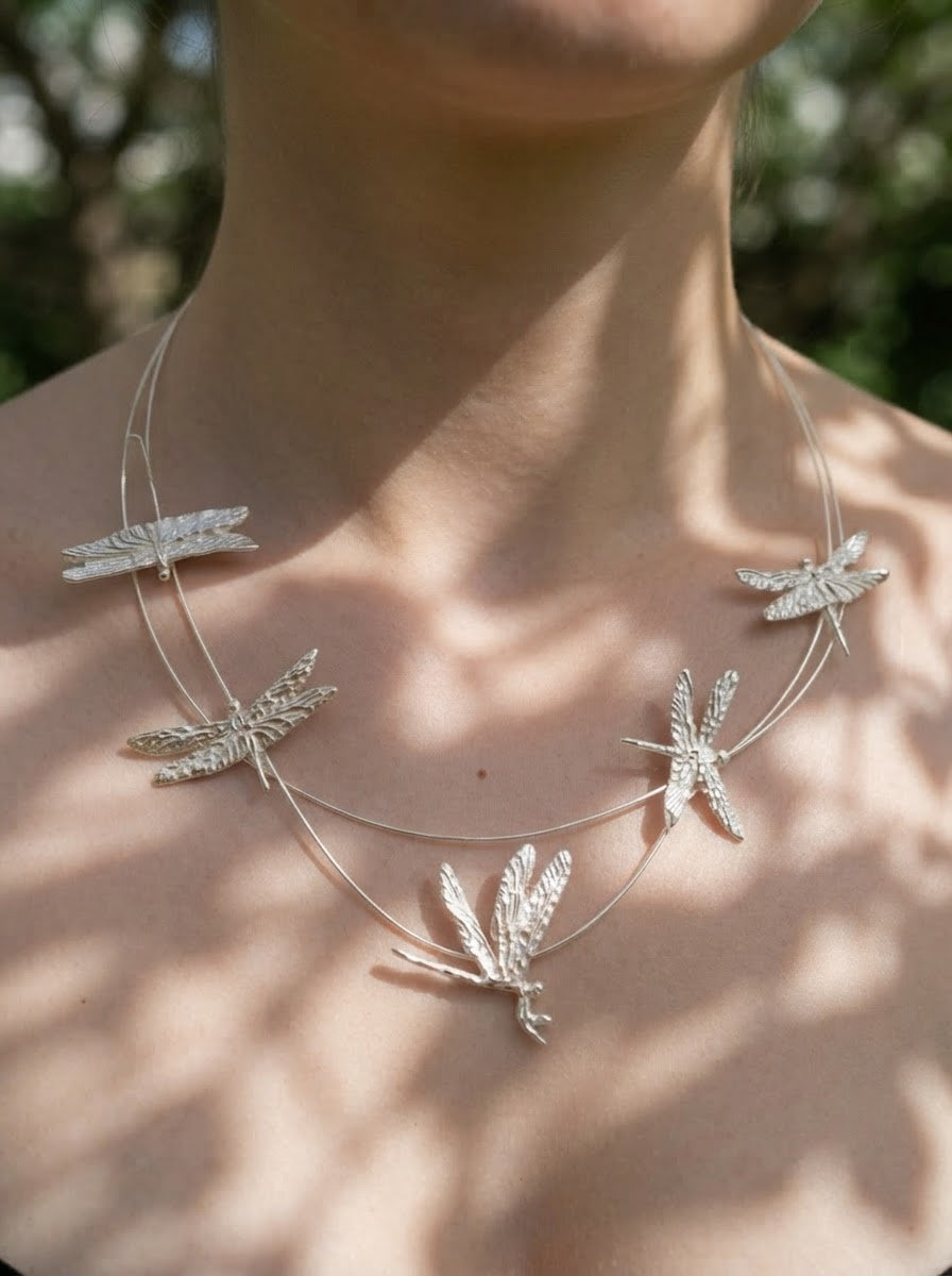Dragonfly Flight Necklace — Sculptural Multi‑Wire Nature Jewelry in Sterling Silver or Gold