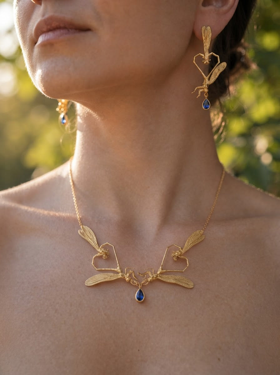 Dragonfly Love Necklace — Gold or Silver with Pear‑Cut Stone