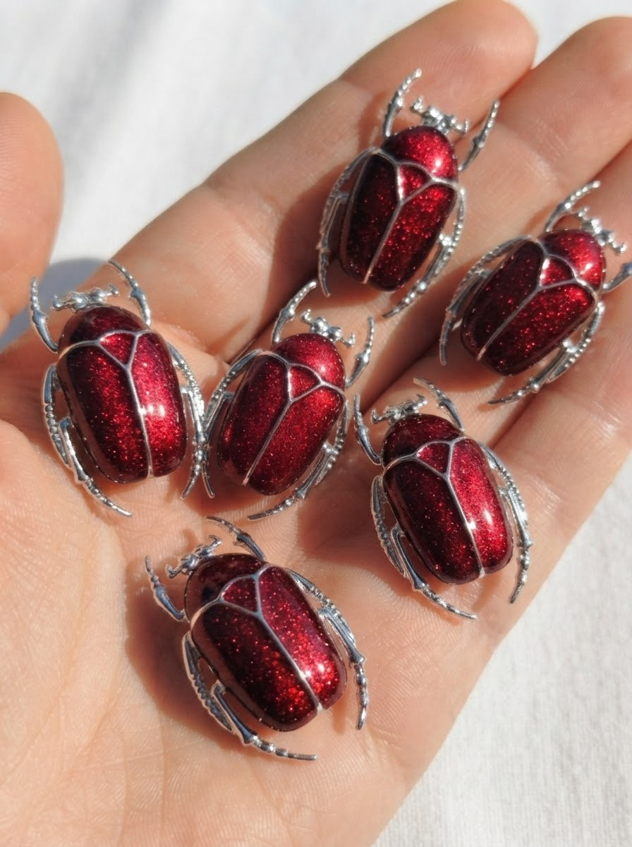 Dark Red Enamel Flower Beetle Pendant – Insect Necklace, Nature Inspired Jewelry