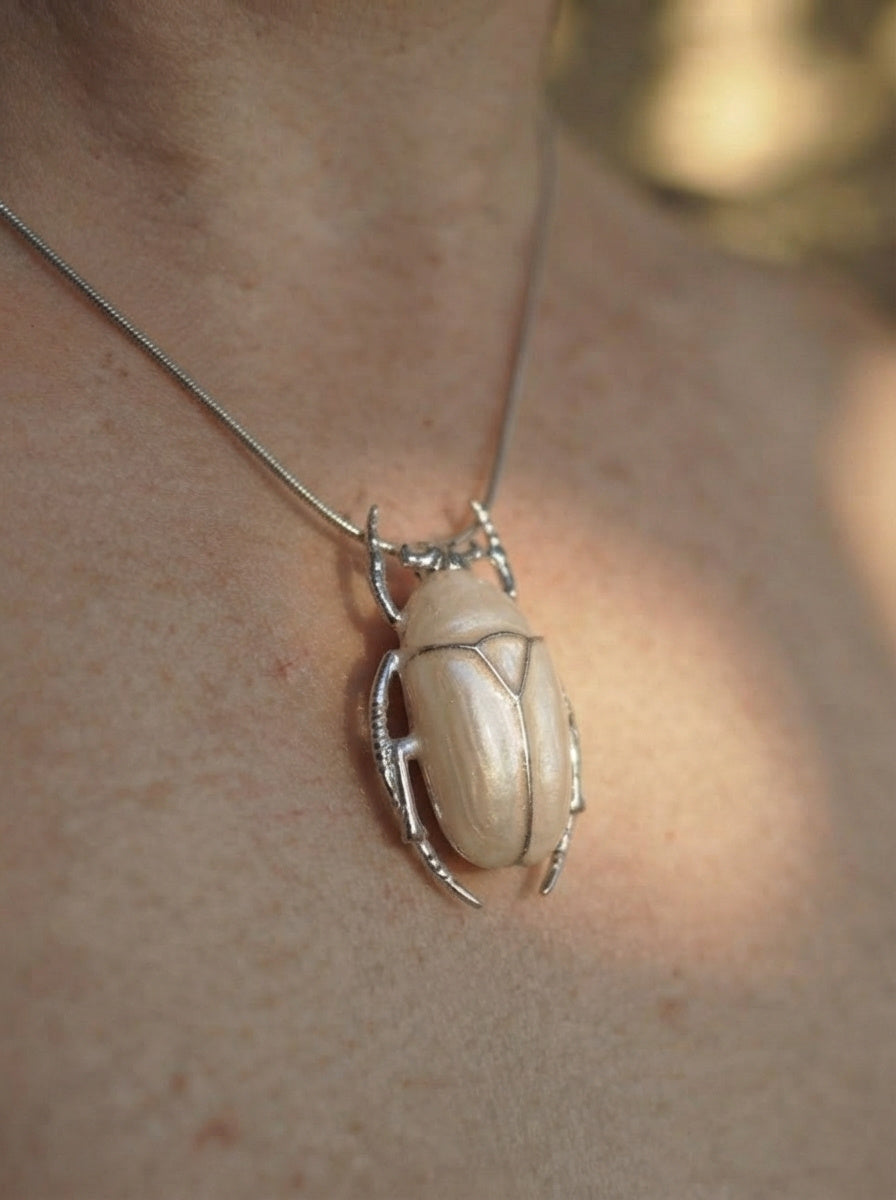 Pearl White Enamel Flower Beetle Pendant – Insect Necklace, Nature Inspired Jewelry