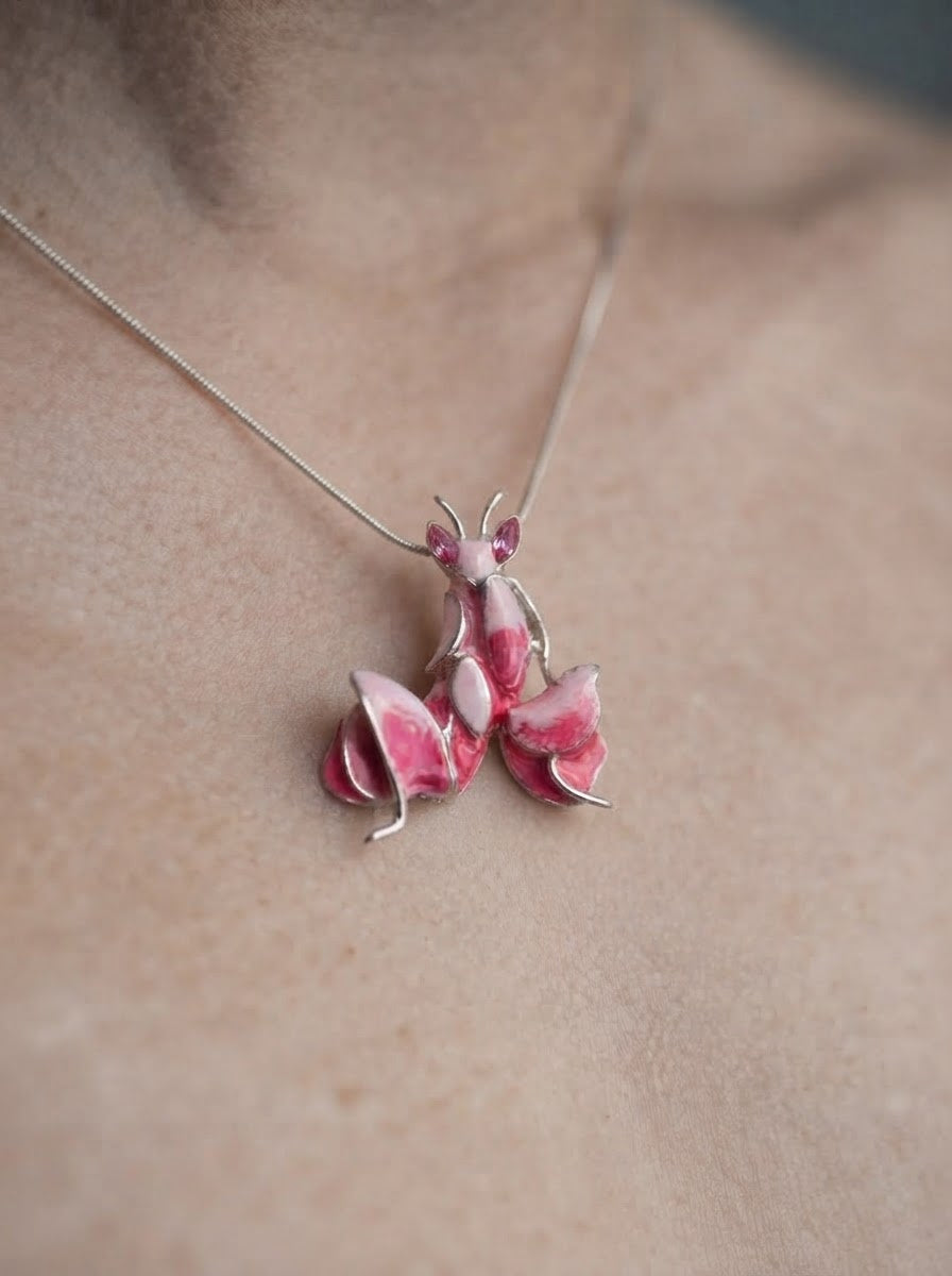 Pink Enamel Orchid Mantis Pendant – Mantis Jewelry Necklace