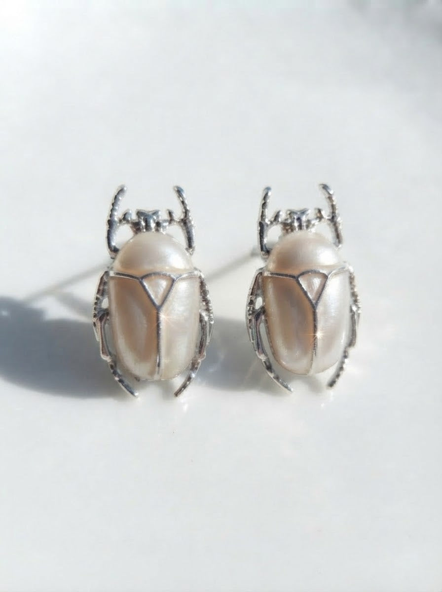 Pearl White Flower Beetle Stud Earrings – Enamel Insect Jewelry