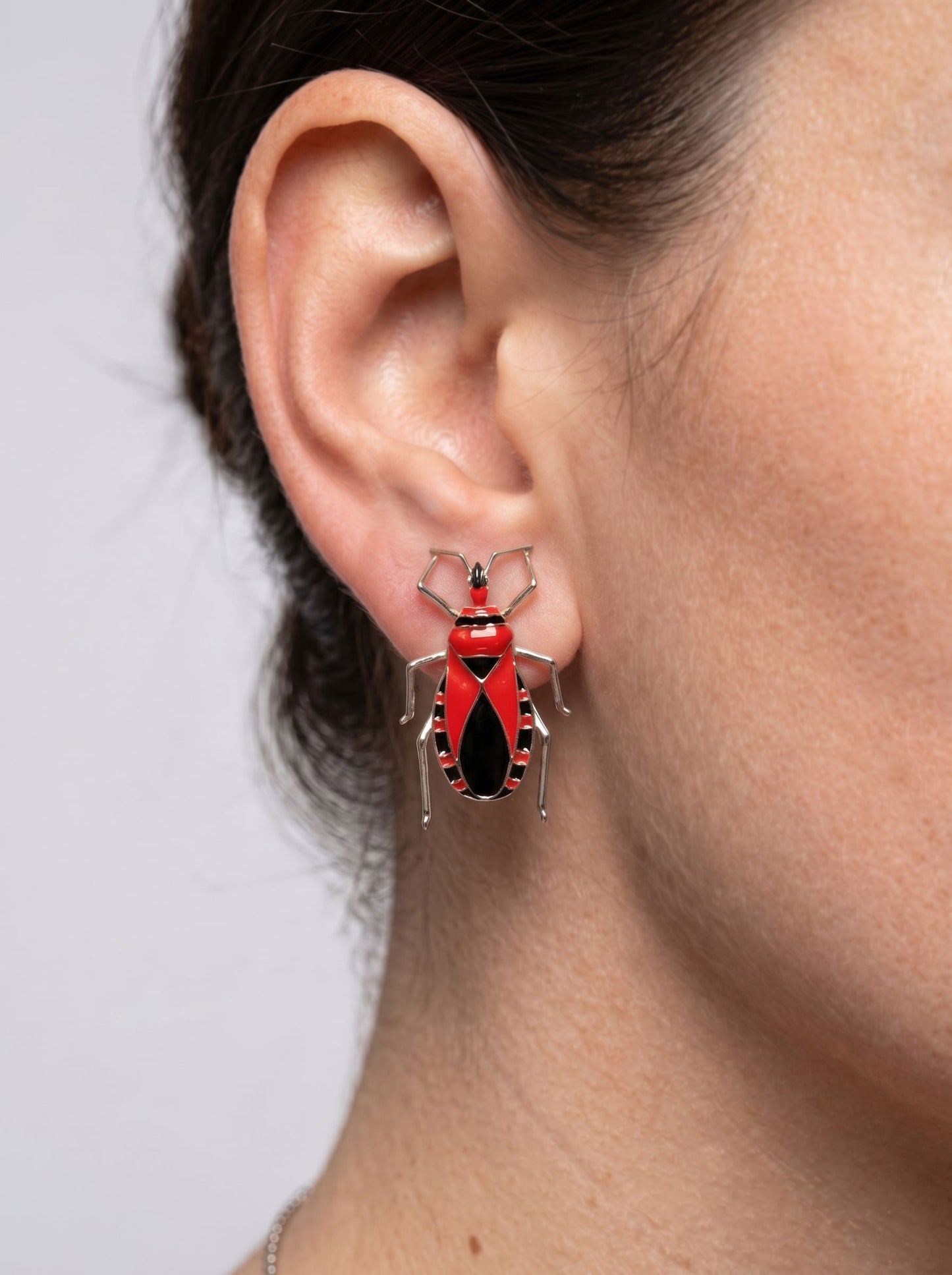 Assassin Bug Earrings — Silver, Rhodium, Gold Plated Red & Black Enamel