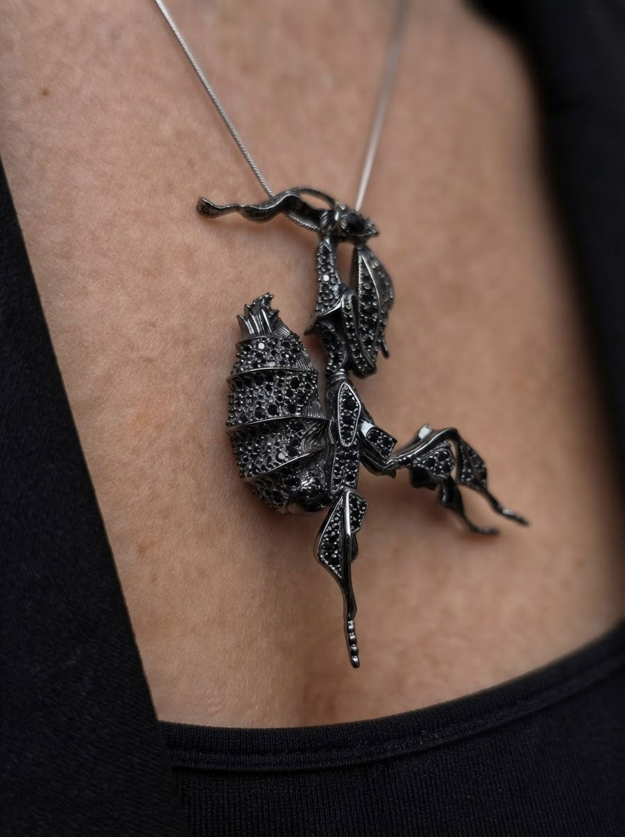 Black Crystal Ghost Mantis Pendant – Statement Entomology Jewelry