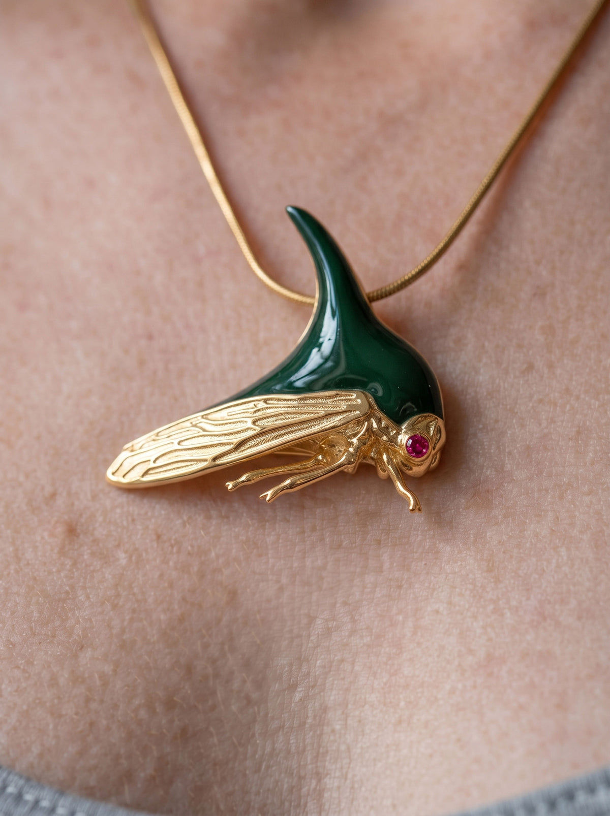 Treehopper Pendant – Deep Green Enamel & Gold‑Plated | Nature‑Inspired Insect Jewelry - Pendant
