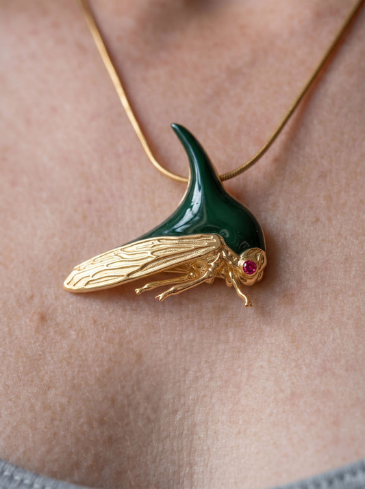 Treehopper Pendant – Deep Green Enamel & Gold‑Plated | Nature‑Inspired Insect Jewelry - Pendant