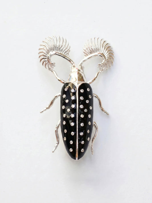 Feather‑Horned Beetle Pendant — Rhipicera sp. • Black Enamel + Crystals