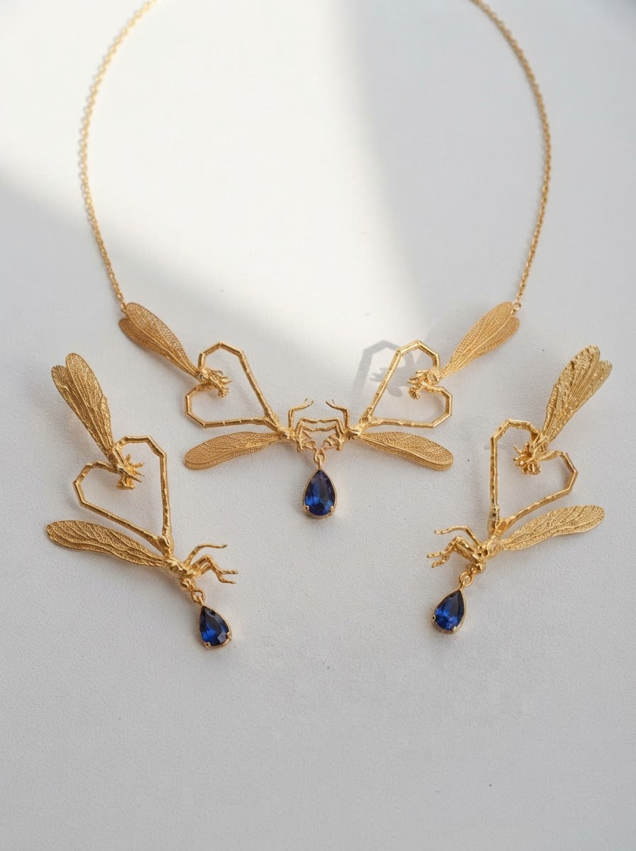 Dragonfly Love Necklace — Gold or Silver with Pear‑Cut Stone