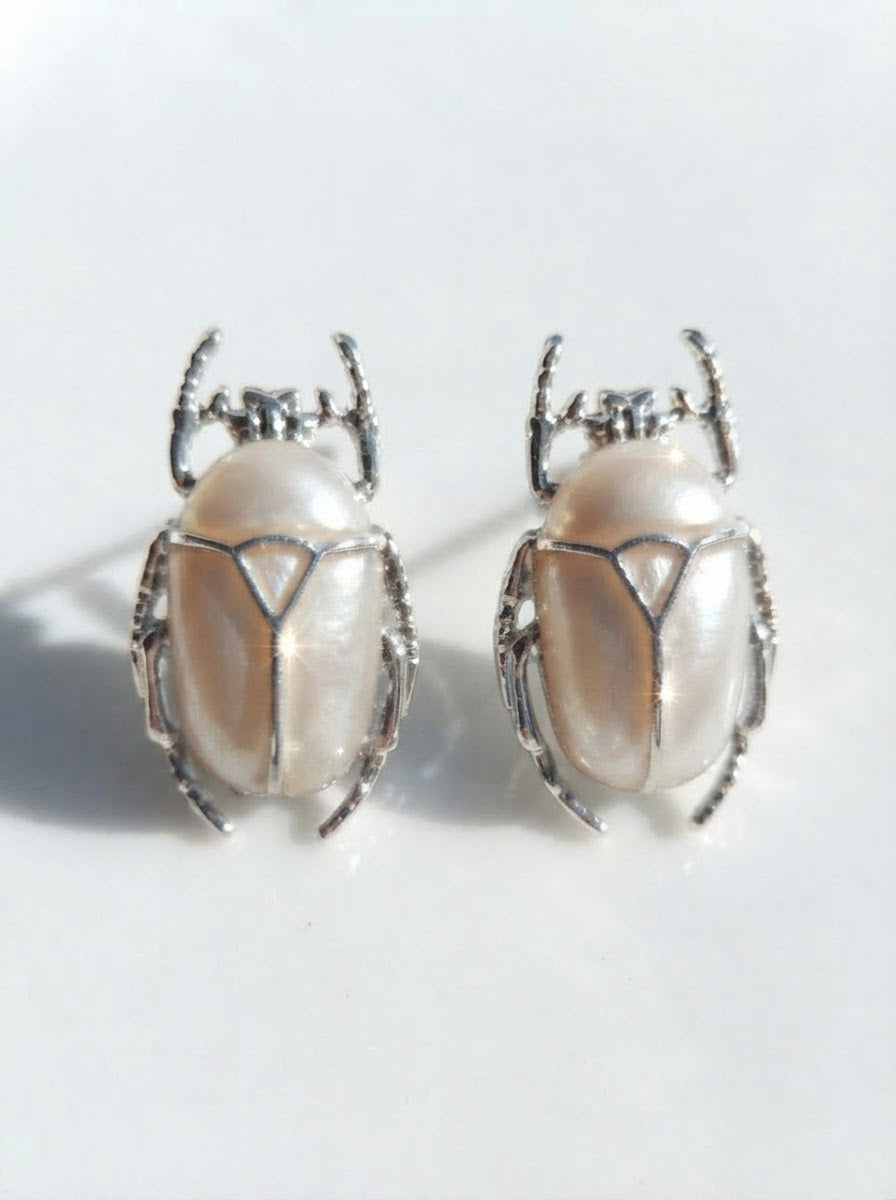 Pearl White Flower Beetle Stud Earrings – Enamel Insect Jewelry