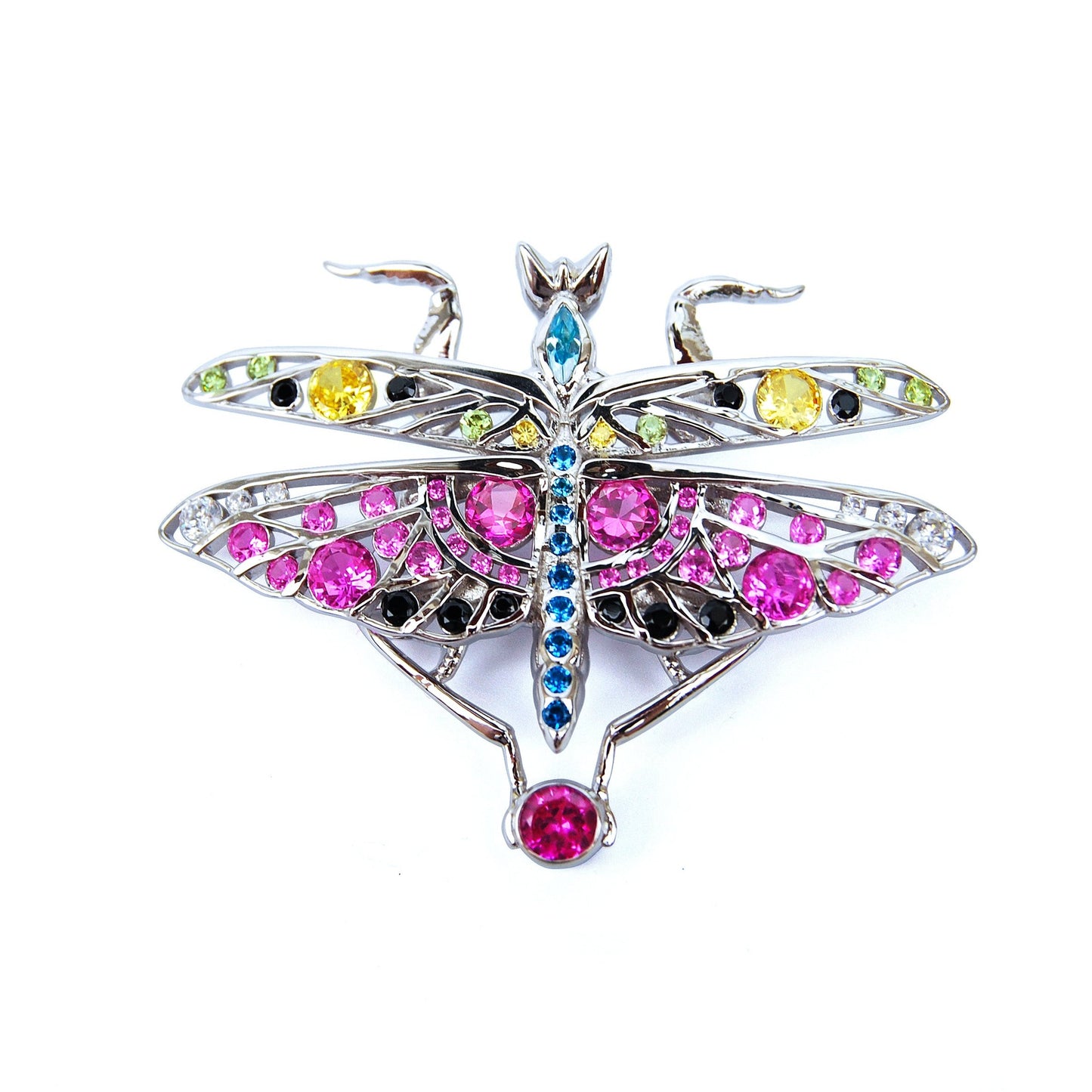 Close-up front view of Praying Mantis pendant in sterling silver with colorful zirconia stones and intricate cut-out details