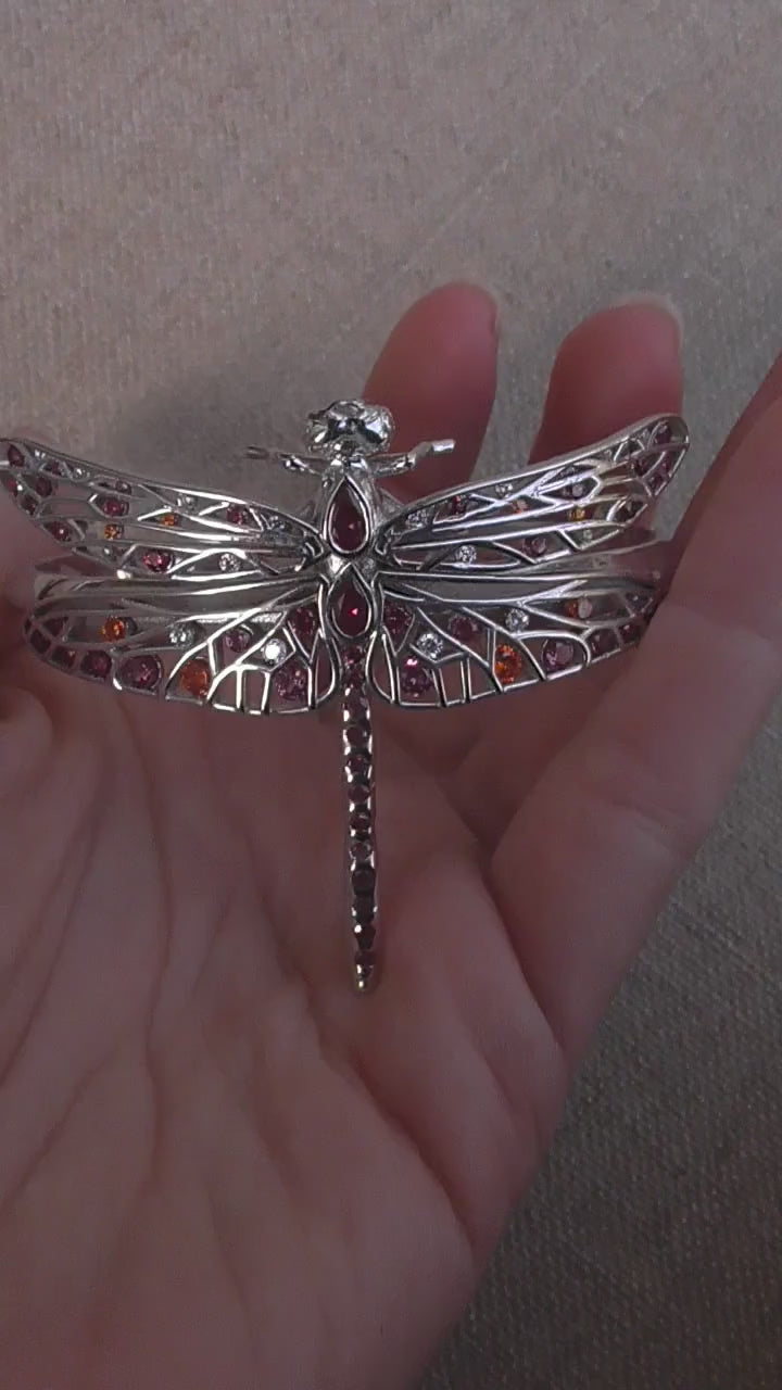 Video of sterling silver dragonfly bracelet with red, pink, orange, and white zirconia stones highlighting design and craftsmanship