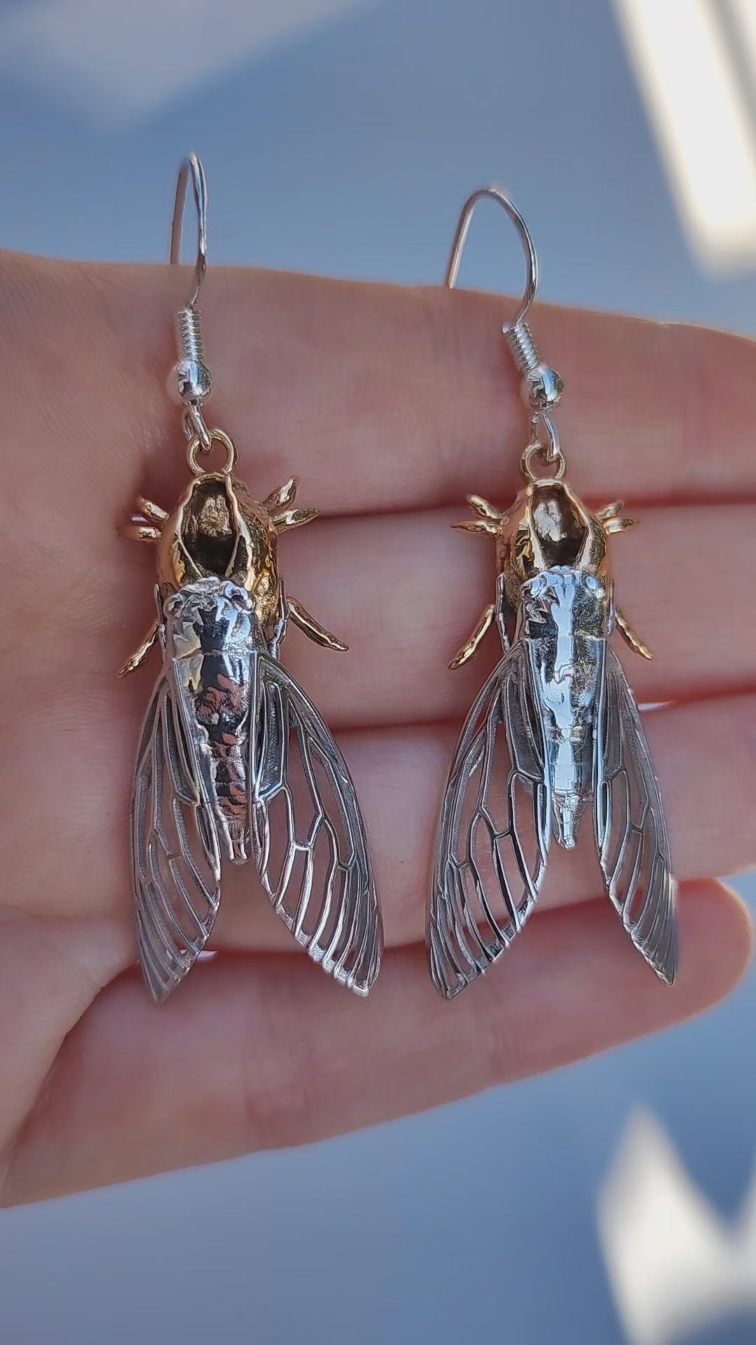 Handcrafted cicada with attached shell earrings, unique bug jewelry design