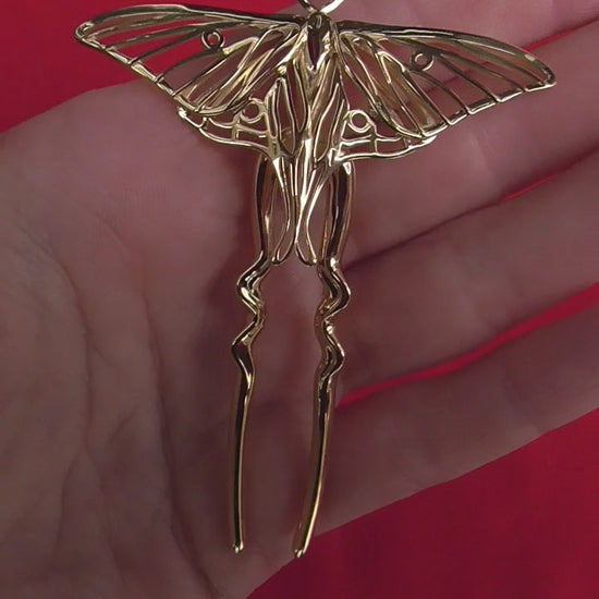 14k gold-plated Luna Moth hair pin featuring delicate wing cutouts and a polished finish, inspired by the rare Spanish moon moth.