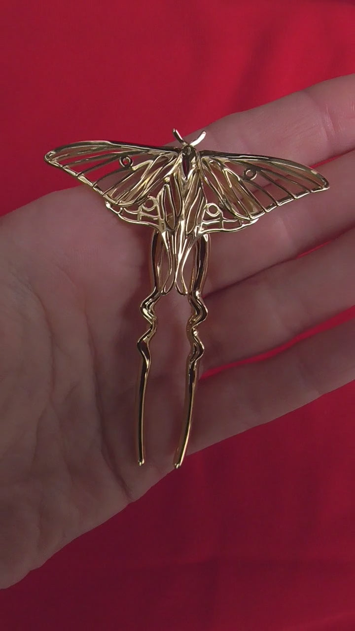 14k gold-plated Luna Moth hair pin featuring delicate wing cutouts and a polished finish, inspired by the rare Spanish moon moth.