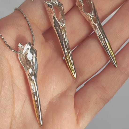 Video preview showing Heron Skull Earrings and pendant, capturing movement, light reflection, and fine anatomical detailing.