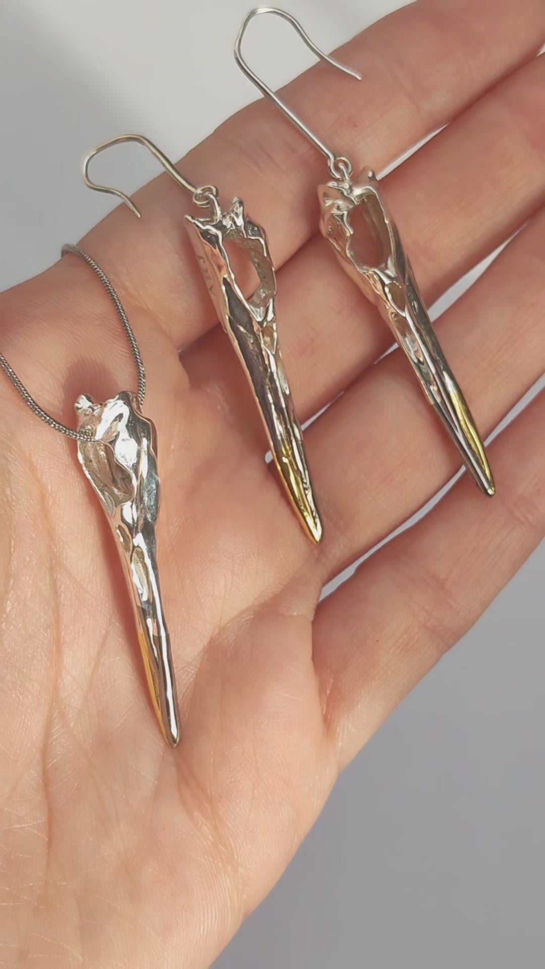 Video preview showing Heron Skull Earrings and pendant, capturing movement, light reflection, and fine anatomical detailing.