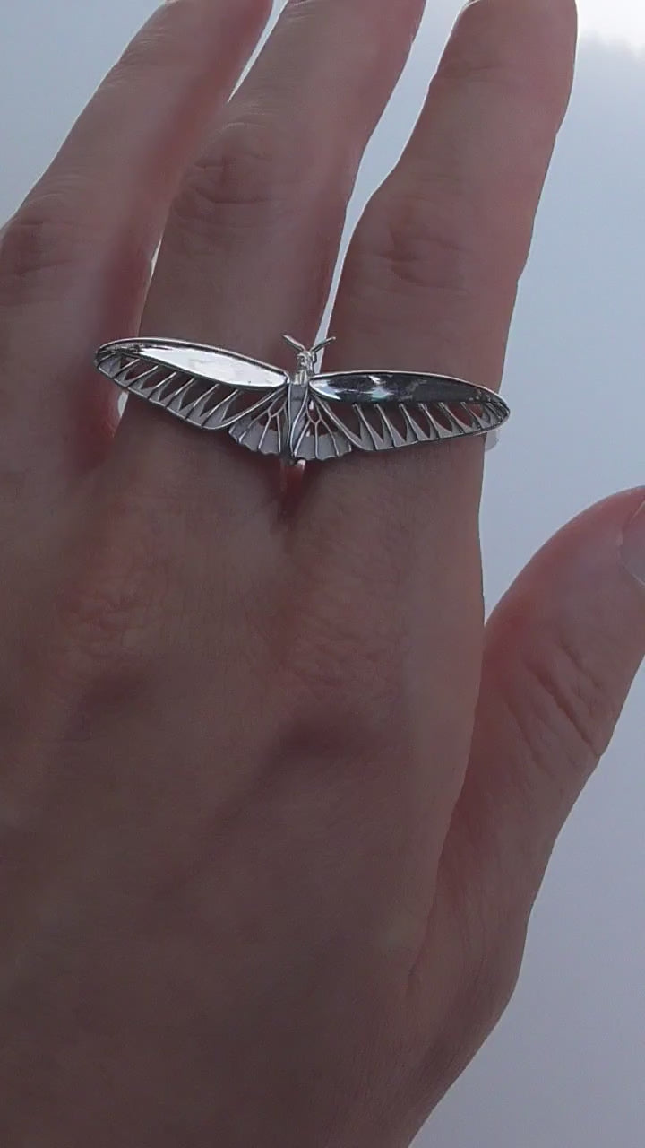 Video of sterling silver Two-Finger Butterfly Ring, highlighting movement and polished finish.