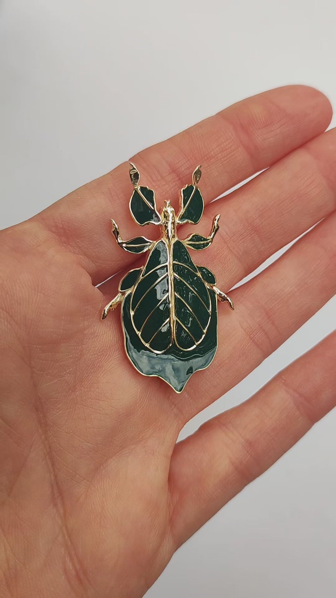 Video showcasing the Phylliidae leaf insect pendant in hand-applied enamel with gold-plated finish, rotating to reveal sculptural leaf detailing, mirror-polished surface, and dimensional botanical form.