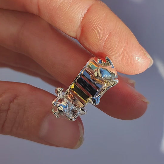Video showcase of the Frogs on the Rainbow Keys Ring, featuring two sculpted silver frogs performing over miniature rainbow xylophone keys plated in gold, rose gold, black rhodium, and silver.