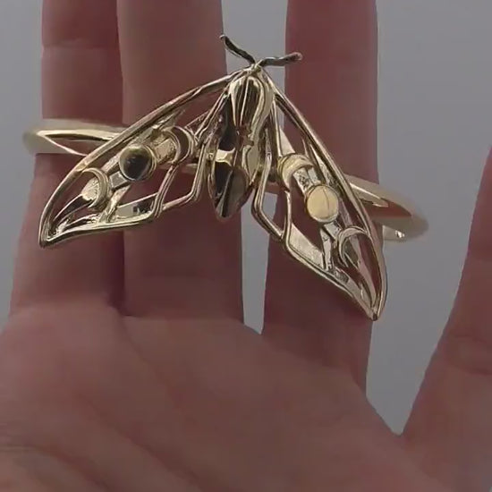 Video of Celestial Hawk Moth Bracelet in 14K gold plated finish, showcasing polished wings and moon phase details.
