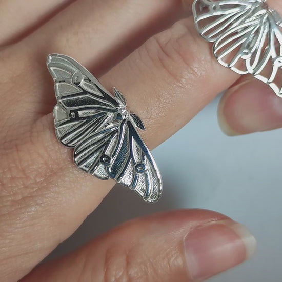 Nature-inspired ghostly silk moth bug ring in sterling silver, elegant insect jewelry piece