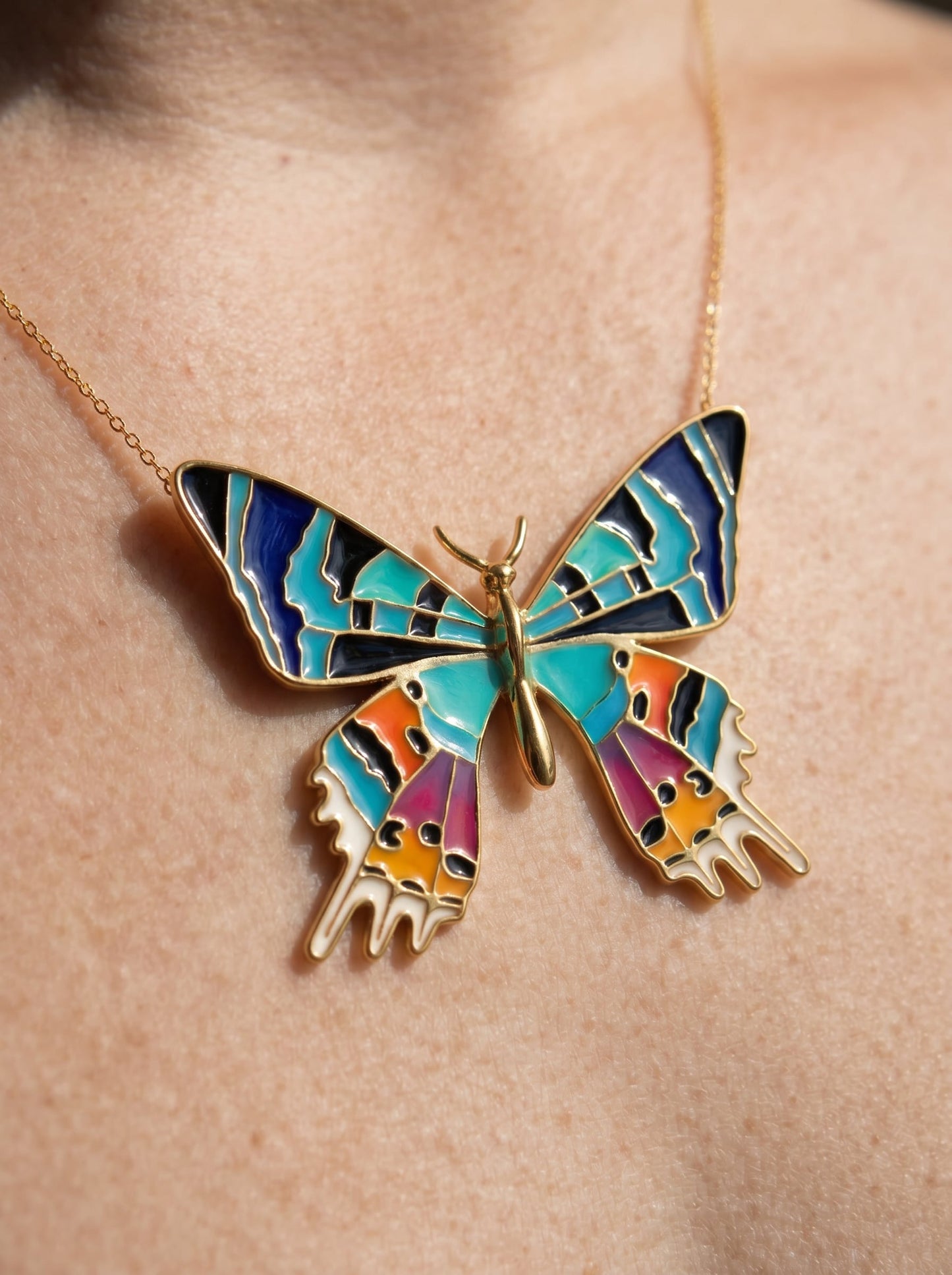 Madagascar Sunset Moth Necklace — Hand‑Enameled in 14k Gold Plated or Sterling Silver